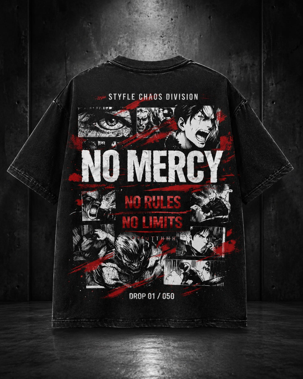 NO MERCY - Acid Wash Black Tee