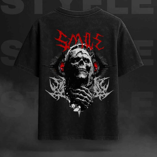 "Don't Be Sad" Distressed Smile Skull Graphic T-shirt