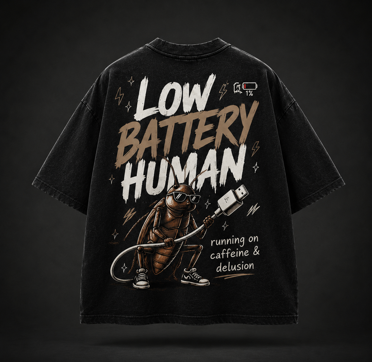 LOW BATTERY HUMAN Oversized Graphic T-Shirt – Caffeine Edition