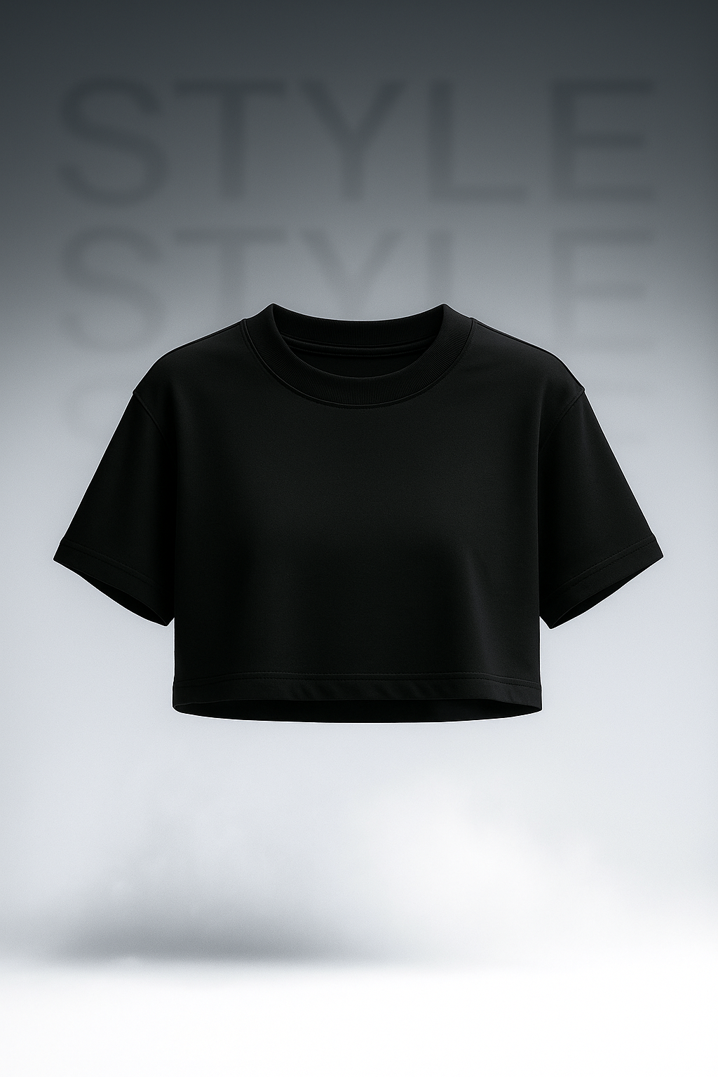 Black crop top on a gradient background with 'STYLE' text.